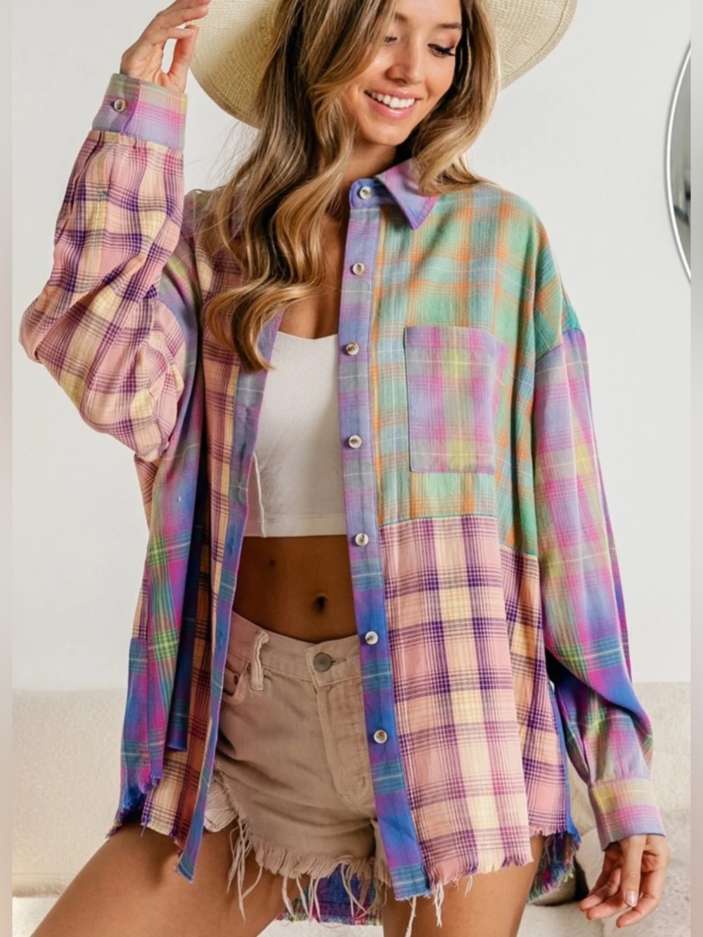 Flannel n Fringe Multi Plaid Bleached Button Down Long Sleeve Shirt